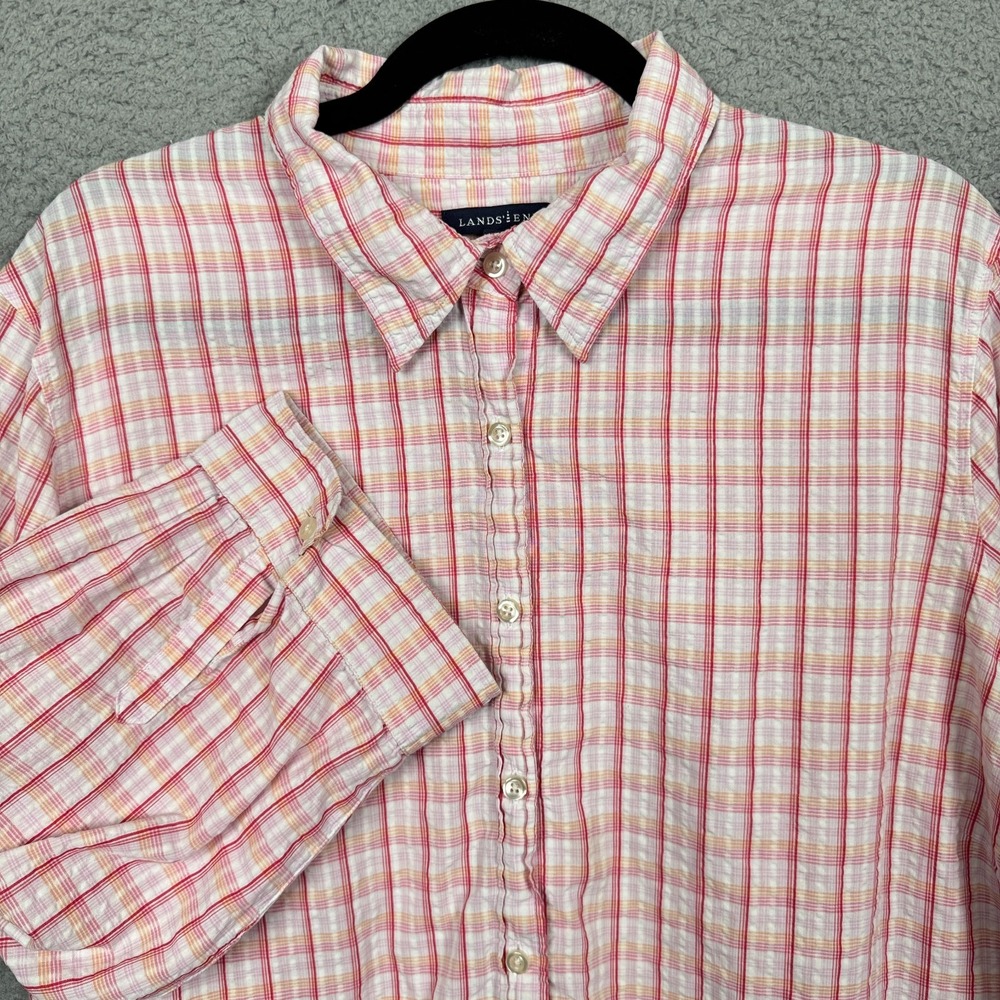 Lands End Top Womens 2X Pink Plaid Seersucker Button Shirt Office‎ Career Mature